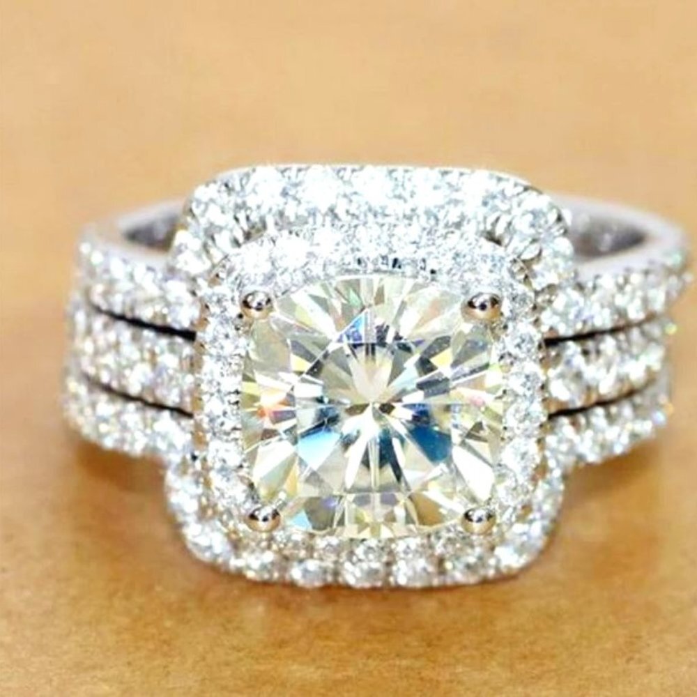 New 14k White Gold 3pcsSet Halo Bridal Stack Diamond Ring Set L121 39$